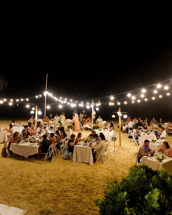 Azure beachfront al fresco dining setup
